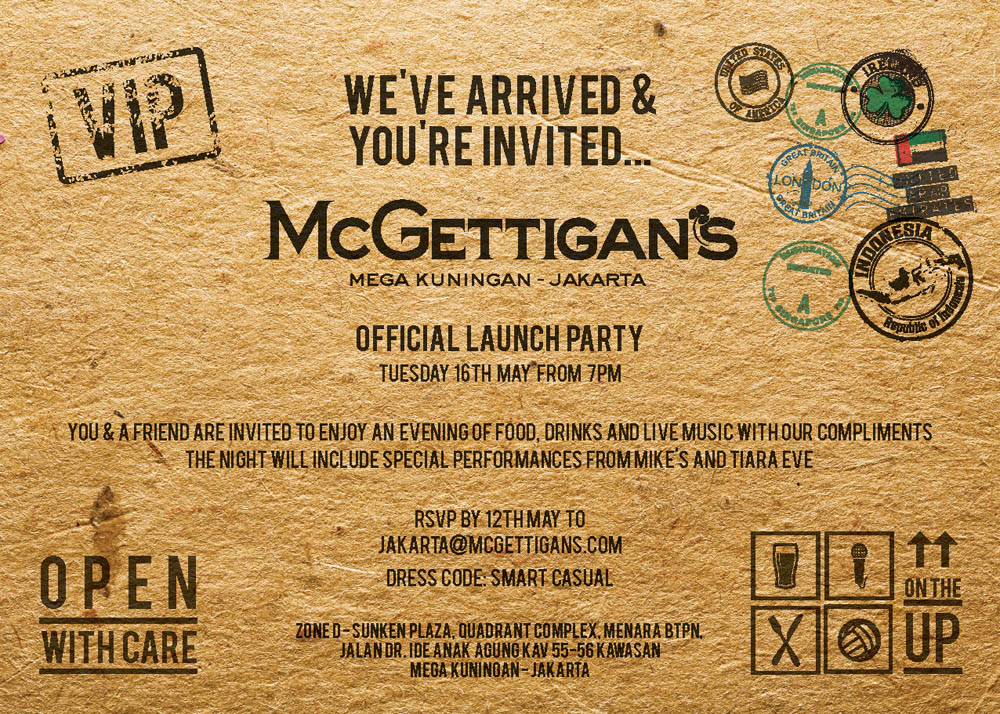 Launch party invitation card with black lettering on a straw coloured recycled card